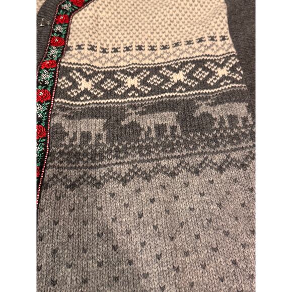 Vintage Nordic Wool Cardigan Sweater Gray Fair Isle Reindeer Pattern XL - Picture 11 of 12